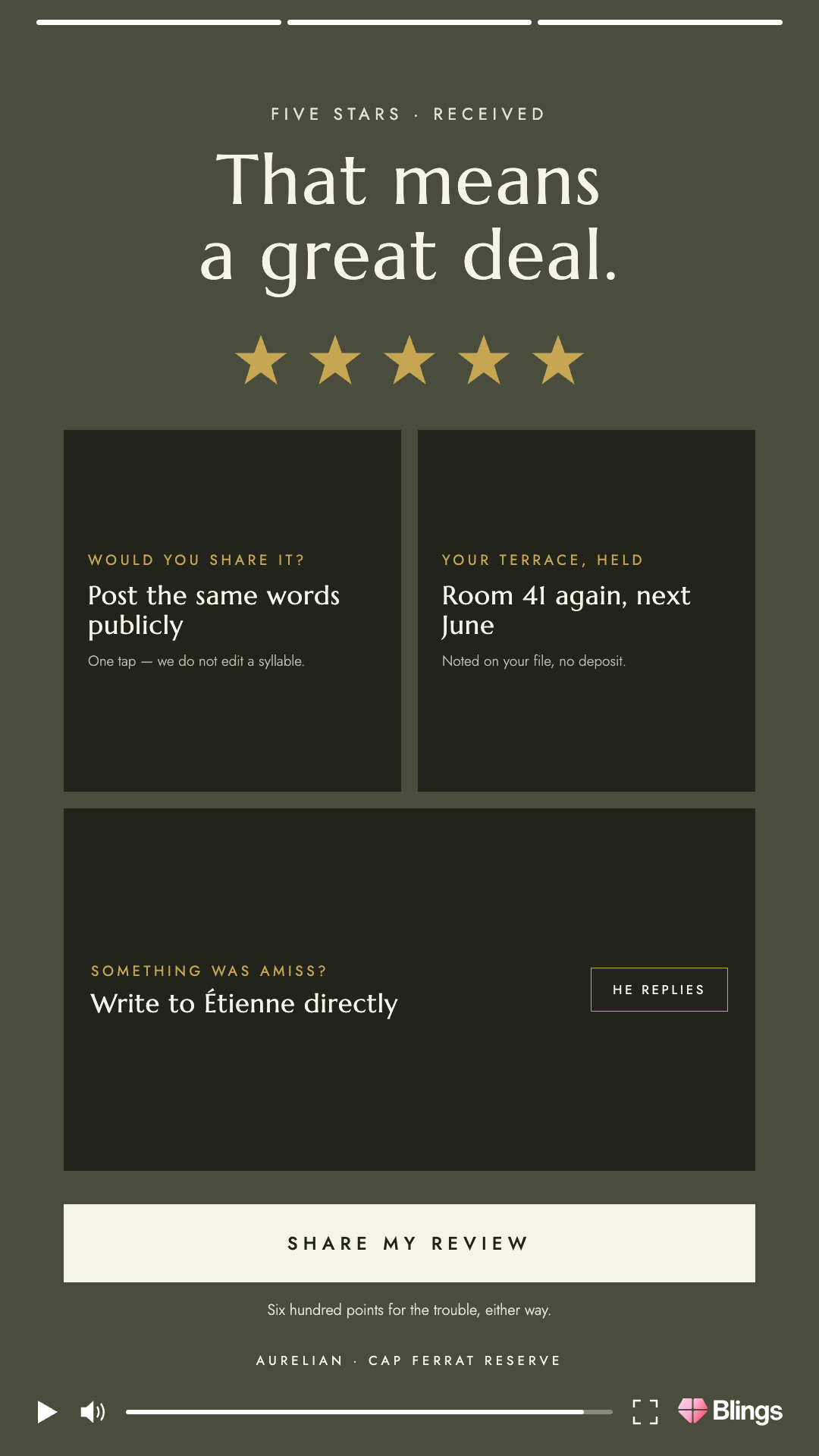 Personalized video frame for the Aurelian hotel thanking a guest for a five star review, with the headline that means a great deal.