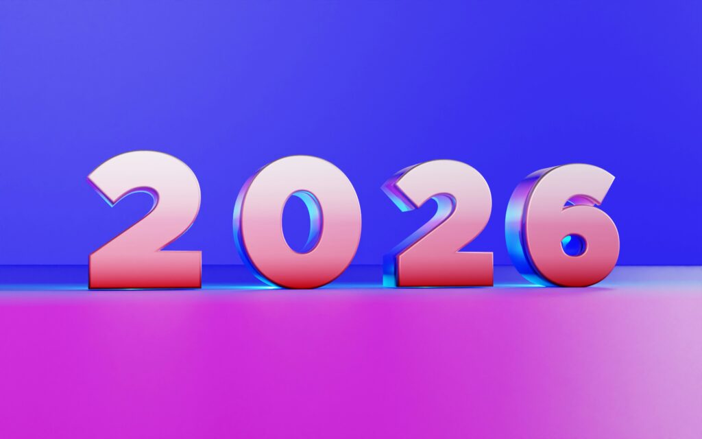 The numerals 2026 rendered in glossy three dimensional type against a blue and magenta gradient.
