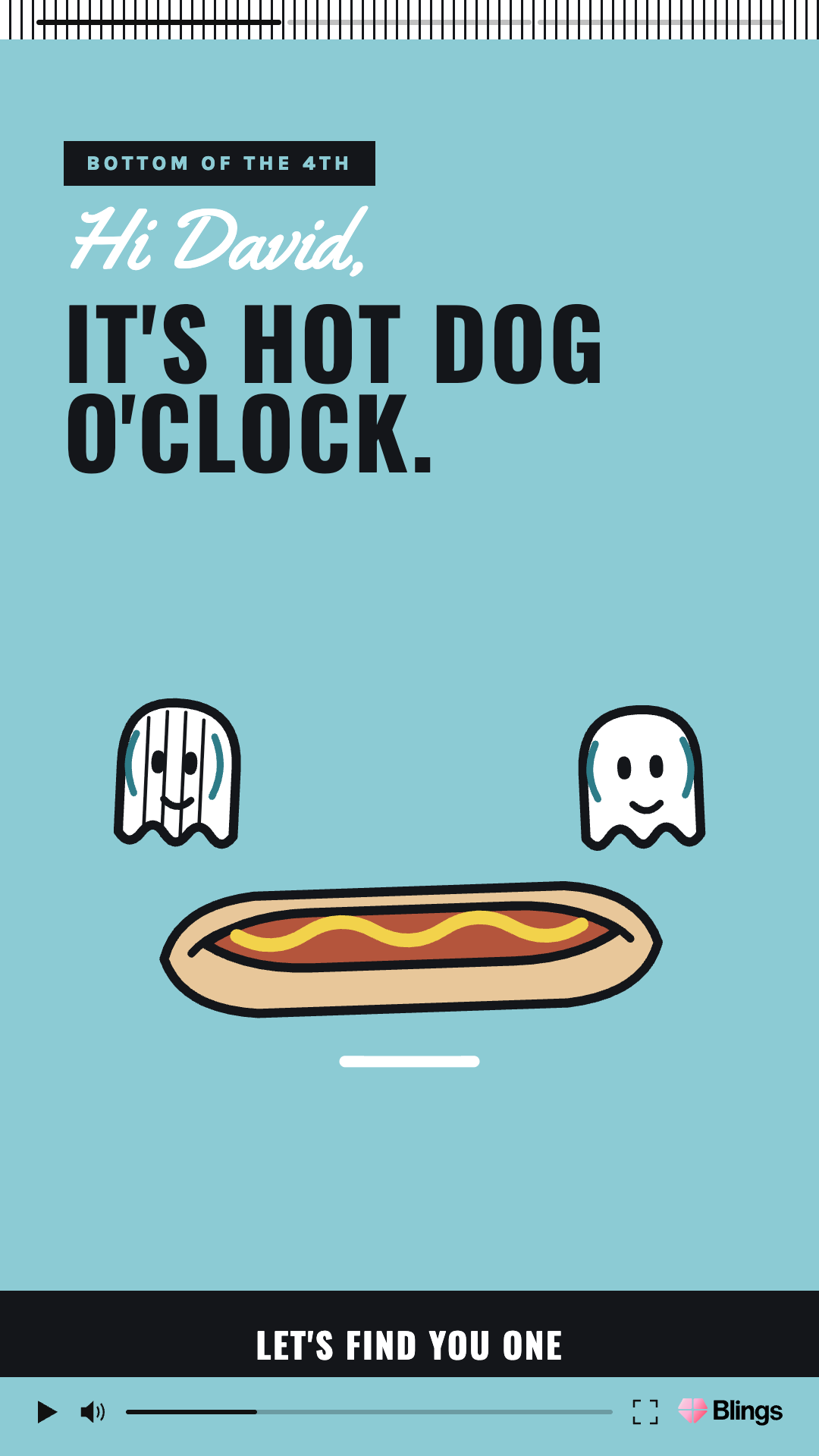 Personalized video frame for the Haints baseball team with the headline it's hot dog o'clock and an illustrated hot dog on a light blue background.