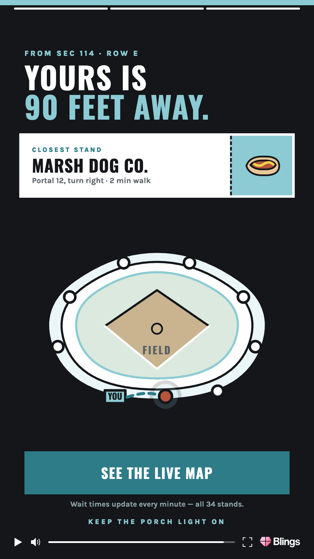 Personalized video frame for the Haints baseball team showing the closest hot dog stand on an illustrated ballpark map.