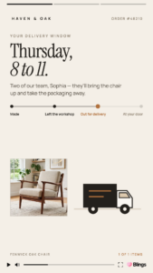 Haven and Oak personalized video frame headlined Thursday, 8 to 11, showing a delivery progress tracker set to out for delivery for order 48210.