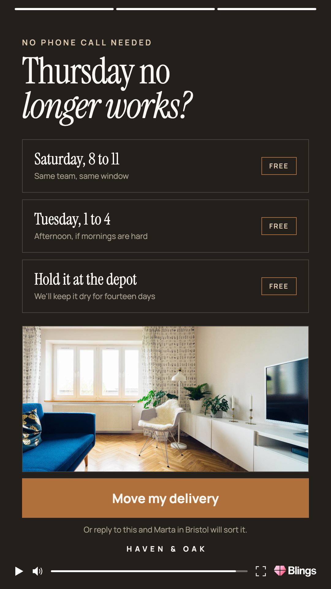 Haven and Oak personalized video frame headlined Thursday no longer works, offering three free alternatives including Saturday, Tuesday, and a hold at the depot.