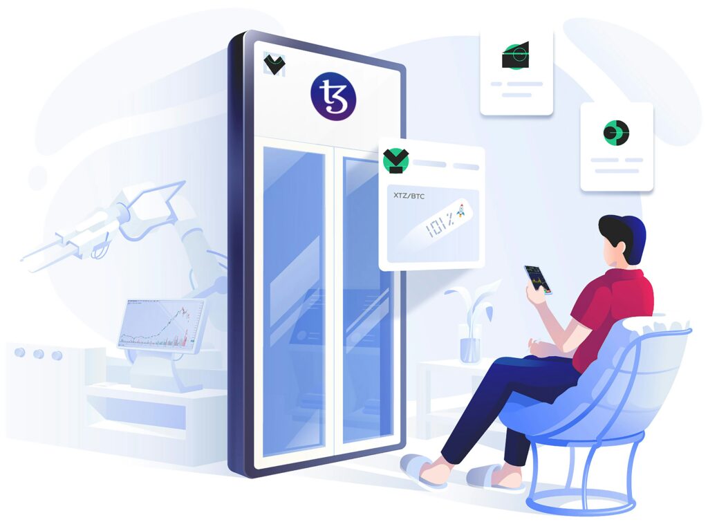 A flat illustration of a person seated on a sofa looking at their phone, with email and message cards floating around them in blue and purple.