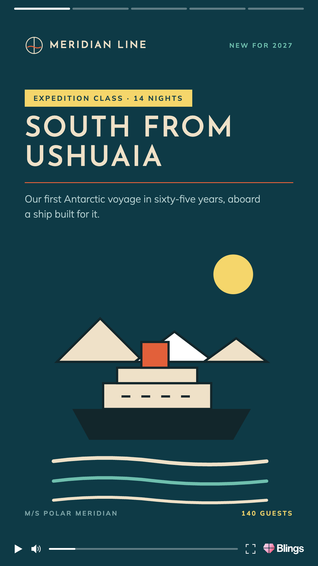 Personalized video frame for the Meridian cruise line announcing an Antarctic sailing south from Ushuaia, with an illustrated iceberg on a navy background.