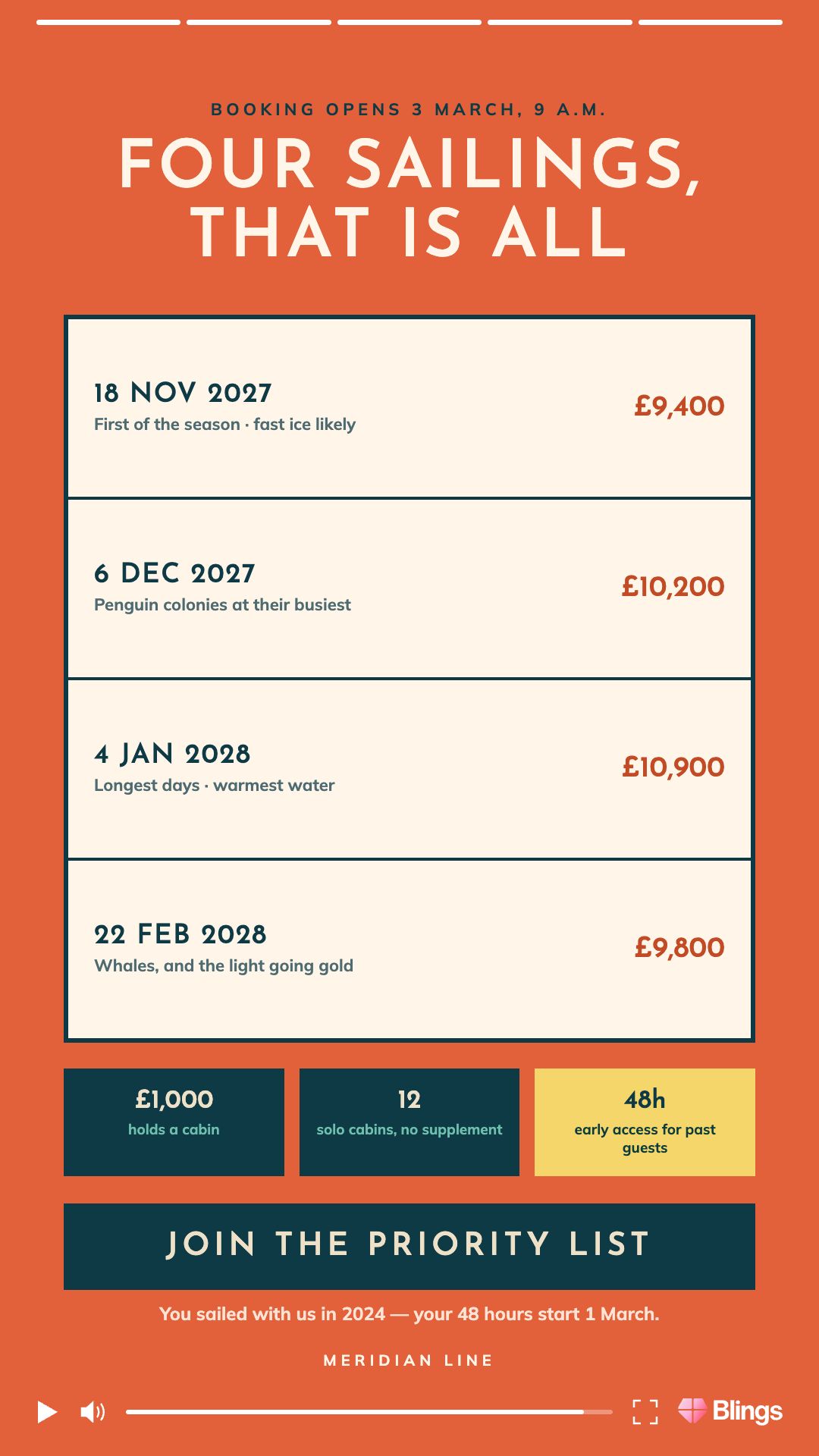 Personalized video frame for the Meridian cruise line listing four Antarctic sailing dates with prices and a join the priority list button on an orange background.