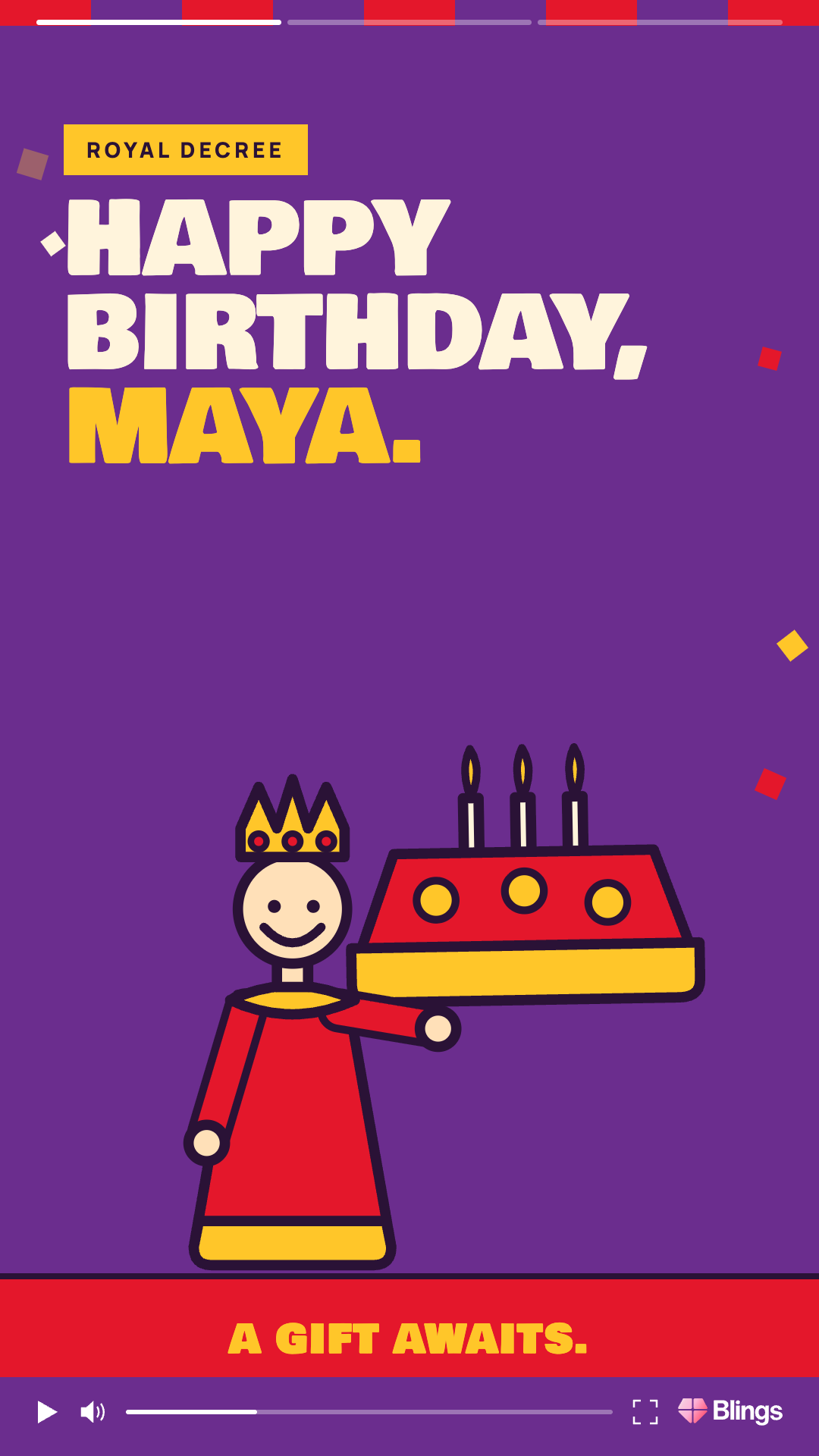 Personalized video frame for Pizza Castle wishing Maya a happy birthday with an illustrated cake on a purple background.