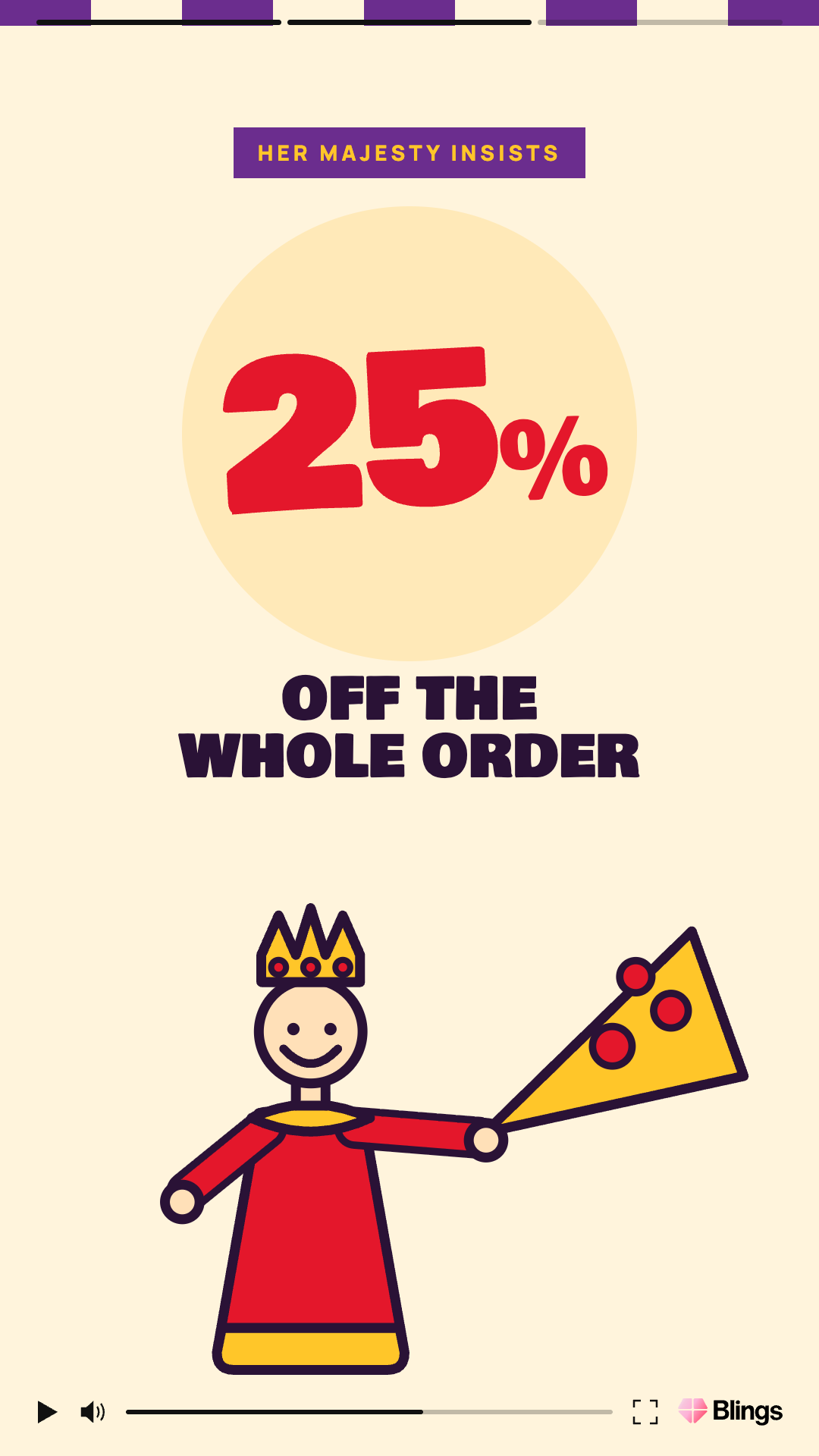 Personalized video frame for Pizza Castle offering 25 percent off the whole order with an illustrated character on a cream background.