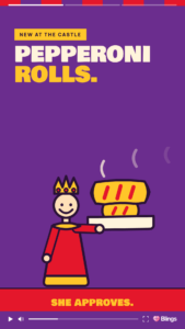 Personalized video frame for Pizza Castle announcing pepperoni rolls with an illustrated character on a purple background.