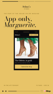 Personalized video frame for Selmas with the headline app only, Marguerite and a product image on a yellow background.