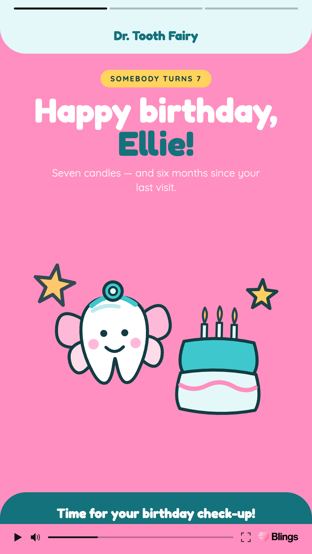 Personalized video frame for ToothFairy children's dentistry wishing Ellie a happy birthday with an illustrated tooth and cake on a pink background.