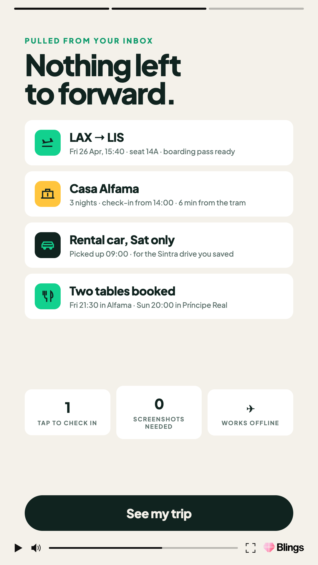 Waypost personalized video frame headlined Nothing left to forward, listing the LAX to LIS flight, the Casa Alfama stay, a Saturday rental car, and two dinner bookings.