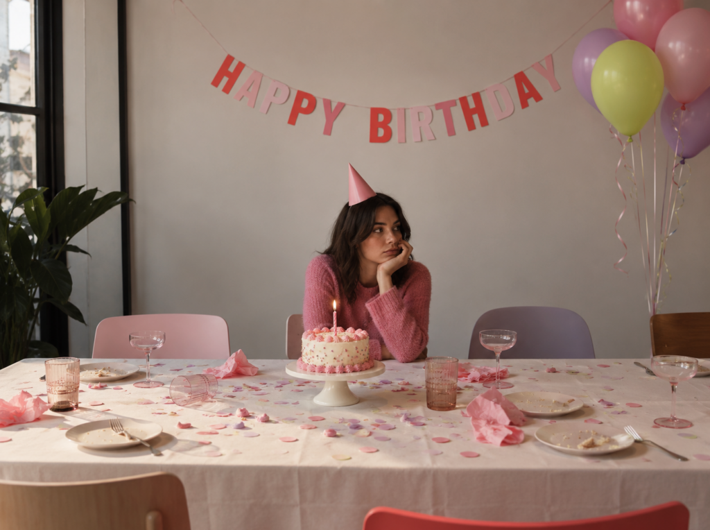 A woman in a party hat sits alone at a decorated table under a Happy Birthday banner, resting her chin on her hand beside an untouched cake with a lit candle.