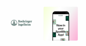 Boehringer Ingelheim case study card with the Boehringer Ingelheim logo beside a phone announcing that the experience is now in your SpotMe app.