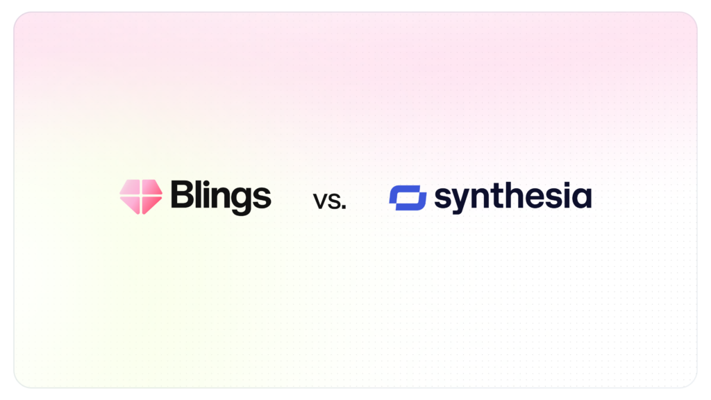 The Blings logo and the Synthesia logo side by side separated by vs, on a soft pink gradient background.