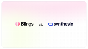 The Blings logo and the Synthesia logo side by side separated by vs, on a soft pink gradient background.