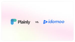 The Plainly logo and the Idomoo logo side by side separated by vs, on a soft pink gradient background.