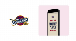 Cleveland Cavaliers case study card with the Cavaliers logo beside a phone asking who is your favorite player on the court.