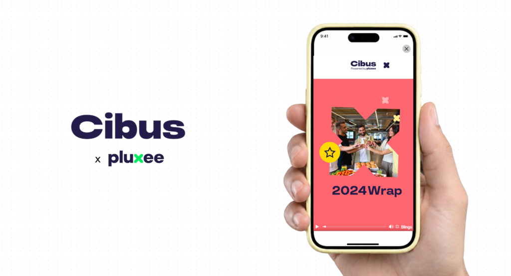 Cibus and Pluxee case study card with the Cibus x pluxee logo beside a hand holding a phone showing a personalized 2024 Wrap frame.