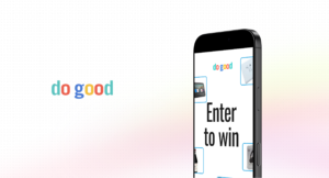 DoGood case study card with the do good wordmark beside a phone showing an Enter to win raffle frame.