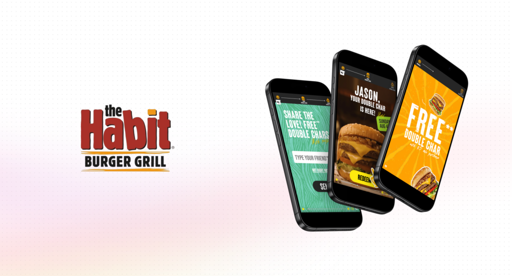 The Habit Burger Grill case study card with the Habit Burger Grill logo beside three tilted phones showing a thank you frame, a frame personalized for Jason, and a free double char offer.