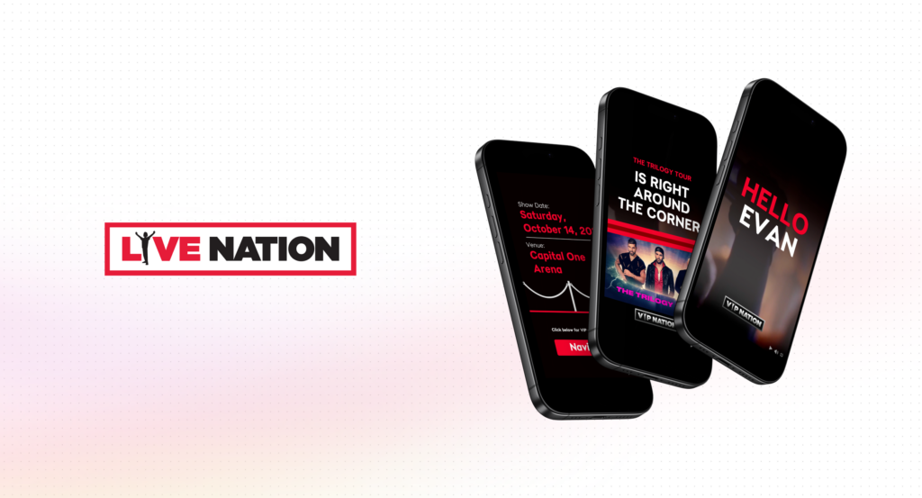 Live Nation case study card with the Live Nation wordmark beside three tilted phones, the front one opening on a Hello Evan greeting for The Trilogy Tour.