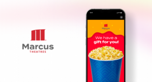 Marcus Theatres case study card with the Marcus Theatres logo beside a phone showing a popcorn bucket and the message We have a gift for you.