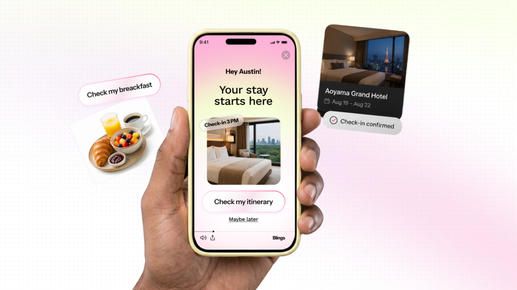 Hand holding a phone showing a hotel onboarding frame headed Your stay starts here, with a Check my itinerary button, a breakfast card, and a confirmed check-in card.