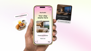 Hand holding a phone showing a hotel onboarding frame headed Your stay starts here, with a Check my itinerary button, a breakfast card, and a confirmed check-in card.