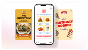 Three phone screens showing a personalized quick service restaurant video, with frames reading Hey Christian and your birthday combo is calling above an order now button.