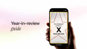 Year-in-review guide cover with a hand holding a phone showing a frame that reads you shopped at Macy's X times this year.